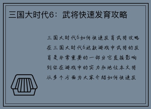 三国大时代6：武将快速发育攻略